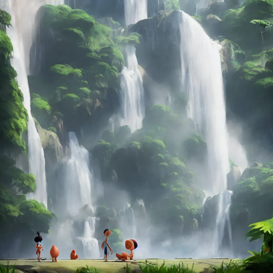 Image similar to Goro Fujita illustrating Front view of a gigantic waterfall surrounded by the Amazon, concept art, sharp focus, ArtStation