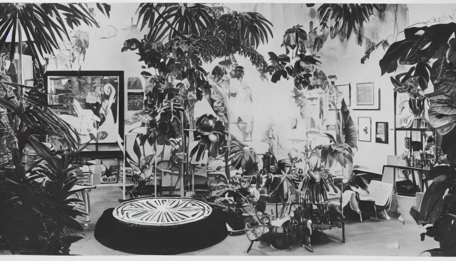 Image similar to A black and white photography of an exhibition space with objects of Sun Ra, Marcel Duchamp and tropical plants, 60s, offset lithography print, newspaper, distant shot