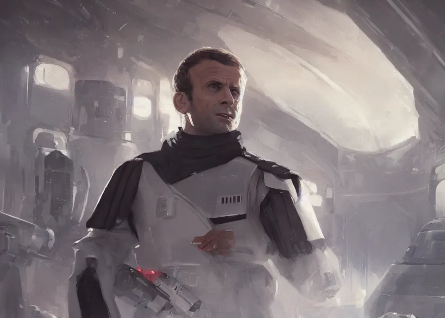 Prompt: painting of Emmanuel Macron as a senator in Star Wars, sharp focus, trending on ArtStation, masterpiece, by Greg Rutkowski, by Ross Tran, by Fenghua Zhong, octane, soft render, oil on canvas, moody lighting, clean background inside the galactic senate, cinematic