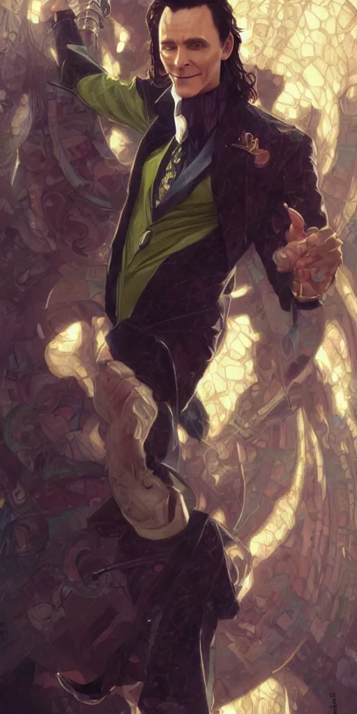 Image similar to Loki in a business suit, artists portrait, fantasy, highly detailed, digital painting, concept art, sharp focus, depth of field blur, illustration, art by artgerm and greg rutkowski and alphonse mucha