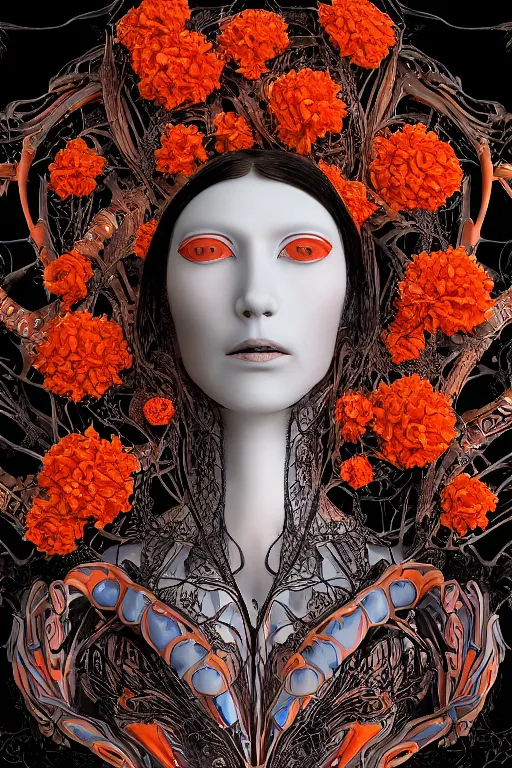 Prompt: cinema 4d colorful render, organic, dark scene, ultra detailed, of a porcelain beautiful Johanna Jaskowska face. biomechanical, analog, macro lens, hard light, big leaves and large orange Dragonflies, stems, roots, fine foliage lace, black details, high fashion haute couture, art nouveau fashion embroidered, intricate details, mesh wire, mandelbrot fractal, anatomical, facial muscles, cable wires, elegant, hyper realistic, in front of dark flower pattern wallpaper, ultra detailed ,HR giger, prometheus Engineering