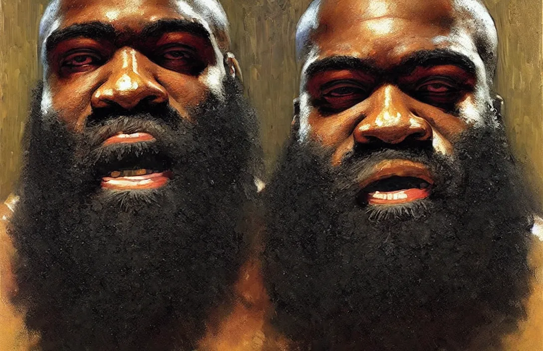Image similar to portrait of kimbo slice!!!!!!!!!!!!!!!!!!!!!!!!!!!, detailed face, detailed painting,, epic lighting, by ilya repin, phil hale and kent williams
