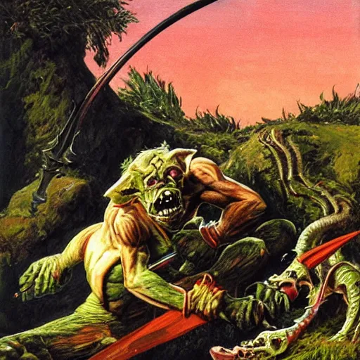 Image similar to dog - faced muscular goblin, ugly face, lizard tail, holding scimitar made of bone, scimitar, sword, jagged sword, curved sword, orkish sword, colorized, green skin, red sky, wasteland, hyper - detailed, primeval fantasy, prehistoric fantasy, art by jacques - louis david
