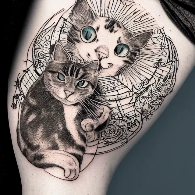 Prompt: tattoo sketch of a cat hugging the sun, on a canva, steampunk style, ornamental, line art, minimalism, industrial sci - fi, by mandy jurgens, ernst haeckel, james jean