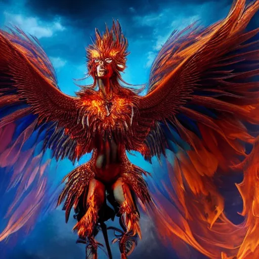Image similar to hyperdetailed image of a humanoid phoenix with its full body flaming and wings spread and a detailed face 8 k extremely detailed hd hyperrealism fiery extremely accurate unbelievably creepy movie studio style