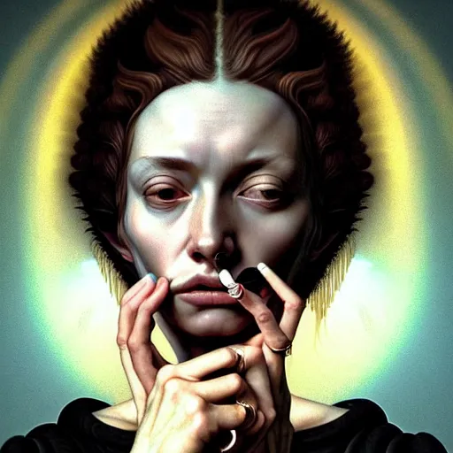 Image similar to Colour Caravaggio style Photography of Beautiful woman with highly detailed 1000 years old face wearing higly detailed sci-fi halo above head designed by Josan Gonzalez. Woman holding cigarette between fingers in her hand, Many details by Caravaggio. . In style of Josan Gonzalez and Mike Winkelmann andgreg rutkowski and alphonse muchaand Caspar David Friedrich and Stephen Hickman and James Gurney and Hiromasa Ogura. volumetric natural light