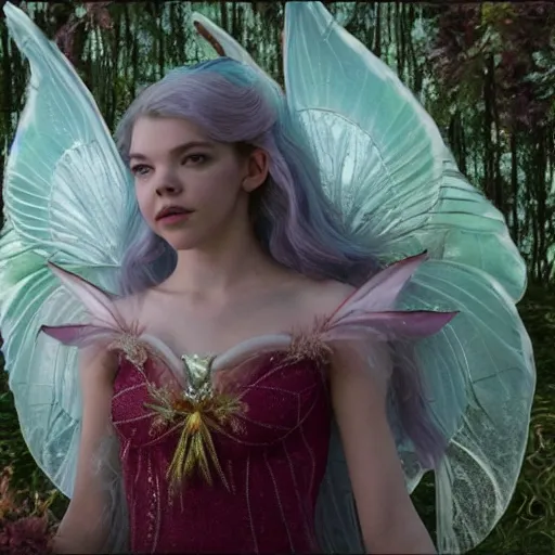 Image similar to older anya taylor - joy as a beautiful fairy, 8 k resolution hyperdetailed photo realistic, extremely high quality and life like