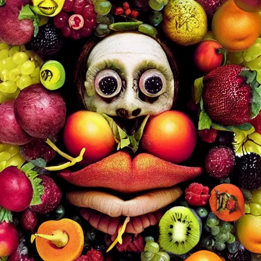 Image similar to giuseppe arcimboldo, beautiful fruit face, new scifi movie, film still