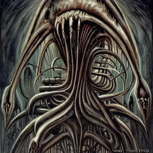 Prompt: Eldritch horror, painted by h.r giger