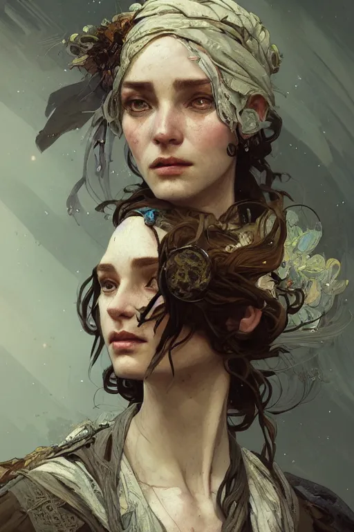Image similar to A full portrait of a beautiful post apocalyptic celtic blind soothsayer, intricate, elegant, highly detailed, digital painting, artstation, concept art, smooth, sharp focus, illustration, art by Krenz Cushart and Artem Demura and alphonse mucha
