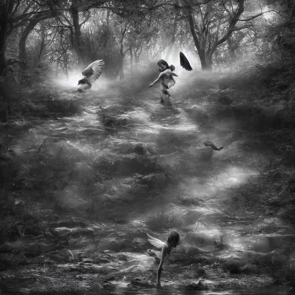 Prompt: an angel stripped of it's wings chasing a child through a creek in the woods, bad dream, hazy memory, volumetric, hyper realistic, octane render, dark black and white in the style of alvin schwartz, epic angles