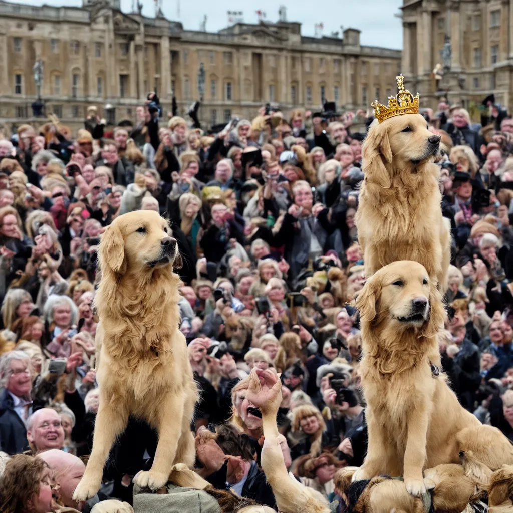 Image similar to national geographic photo of a golden retriever wearing a crown being hailed as the new king of England by a crowd of people at Buckingham palace in the background