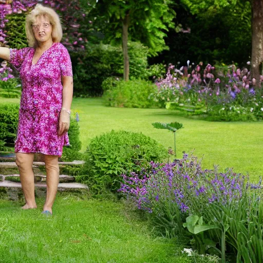 Image similar to mom in a mansion garden, 8 k, high resolution, sun,