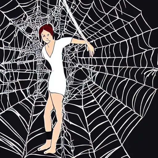 Image similar to emma watson hanging from and trapped in a giant spider web, cartoon