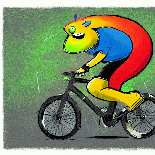 Image similar to a tennis ball monster, tennis ball, dark, chalky, riding a bike, digital art, fantasy, magic, trending on artstation, ultra detailed, professional illustration by Basil Gogos