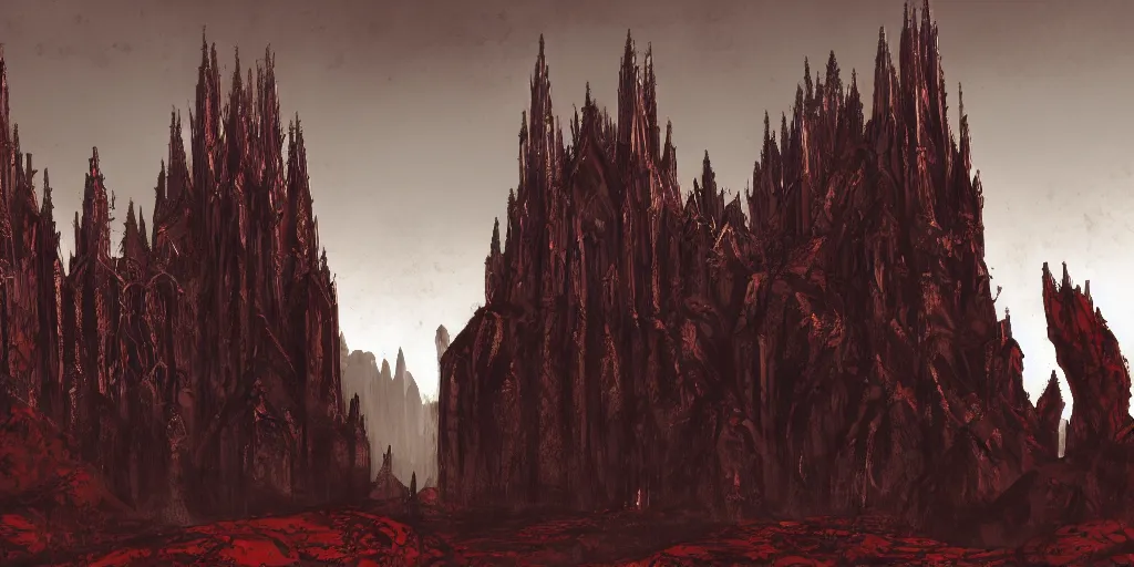 Prompt: dark gothic cathedral at the top of a red rock canyon, artstation concept art