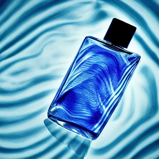 Image similar to perfume bottle surrounded cool blue ripples in water