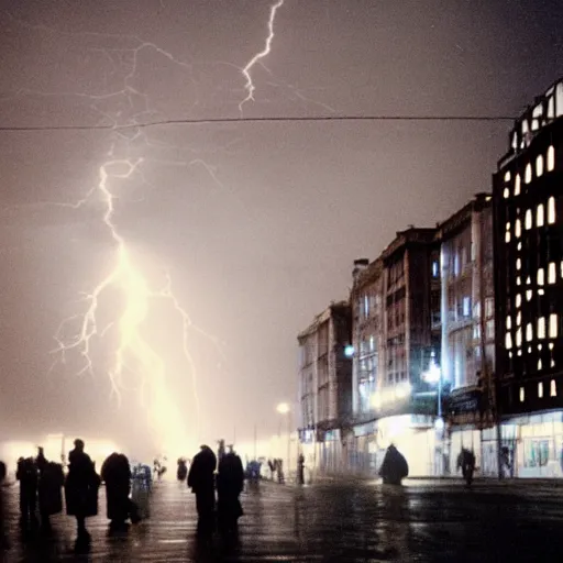 Prompt: 1990s movie still of a Norilsk street with many pedestrians with stalinist style highrise as a loading screen ,orbit space soviet city, Cinestill 800t 18mm, heavy grainy picture, very detailed, high quality, 4k panoramic, HD criterion, dramatic lightning, streetlight at night, rain, mud, foggy, soviet flags