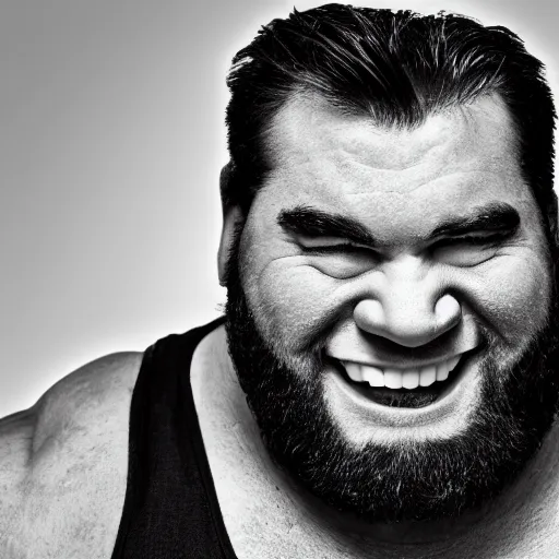 Prompt: Black and white photography of a very muscular shrek smiling with a chiseled jawline and trimmed beard
