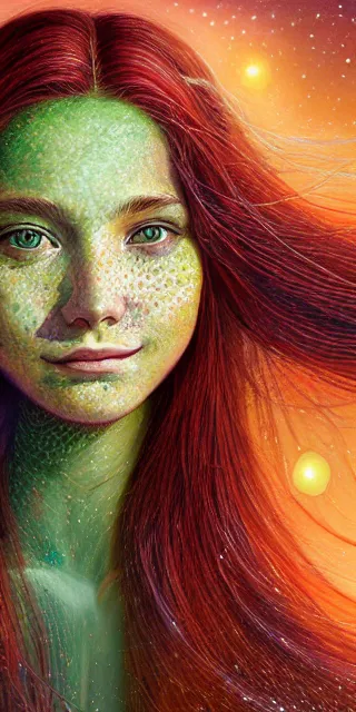 Image similar to infp young woman, smiling amazed, golden fireflies lights, sitting in the midst of nature fully covered, long loose red hair, intricate linework, bright accurate green eyes, small nose with freckles, oval shape face, realistic, expressive emotions, dramatic lights spiritual scene, hyper realistic ultrafine art by michael cheval, jessica rossier, boris vallejo