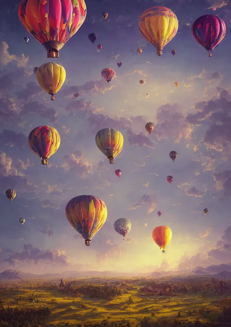 Image similar to beautiful hyper realistic detailed matte painting of sky full of colorful hot air balloons, hd, hdr, by Moebius and John Howe and Albert Bierstadt and Alena Aenami, ultra detailed, high resolution