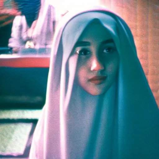 Prompt: 7 0 s movie of an arab young girl in a burqa at a strip club, cinestill 8 0 0 t 3 5 mm technicolor, heavy grain, high quality, high detail