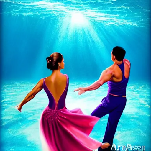 Image similar to semi realistic portrait Salsa Dancing inside clear blue ocean water by AquaSixio, Stanley, strong color overlay, rim light and highlights , by Artgerm Lau, Gesture draw, Salsa Social Dance, couple, Salsa tricks, WLOP, Rossdraws, Gesture draw, James Jean, Andrei Riabovitchev, Marc Simonetti, and Sakimichan, trending on artstation