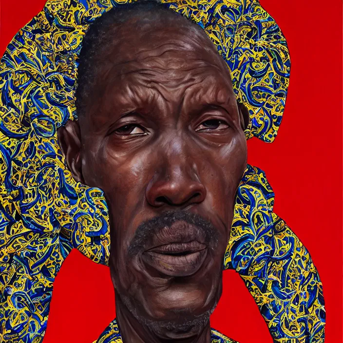 Image similar to a painting of a XXL wise elder from Kenya in a suit by Kehinde Wiley . dramatic angle, ethereal lights, details, smooth, sharp focus, illustration, realistic, cinematic, artstation, award winning, rgb , unreal engine, octane render, cinematic light, macro, depth of field, blur, red light and clouds from the back, highly detailed epic cinematic concept art CG render made in Maya, Blender and Photoshop, octane render, excellent composition, dynamic dramatic cinematic lighting, aesthetic, very inspirational, arthouse.