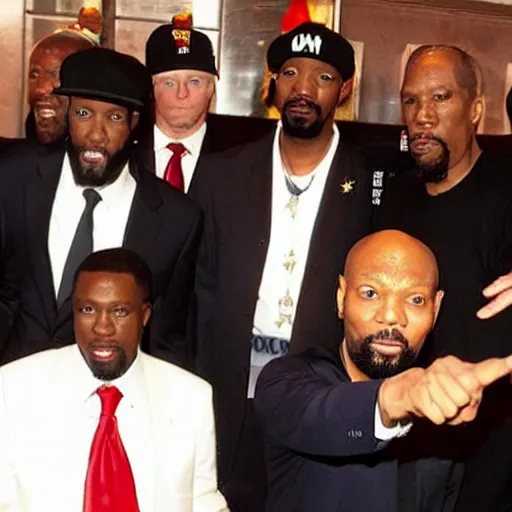 Image similar to Donald trump is inducted as the 10th member of the wu tang clan rap group, he takes a photo with RZA, GZA, old dirty bastard, inspectah deck, U-God, Ghostface killah and the method man