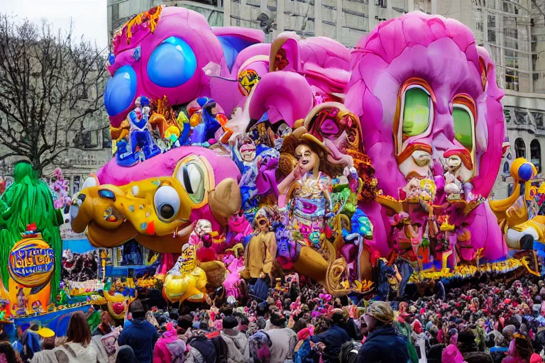 Image similar to photo of giant elaborate parade float designed by geoff darrow!!!! and ( ( ( ( ( ( lisa frank ) ) ) ) ) ), in the macys parade, detailed 4 k photo