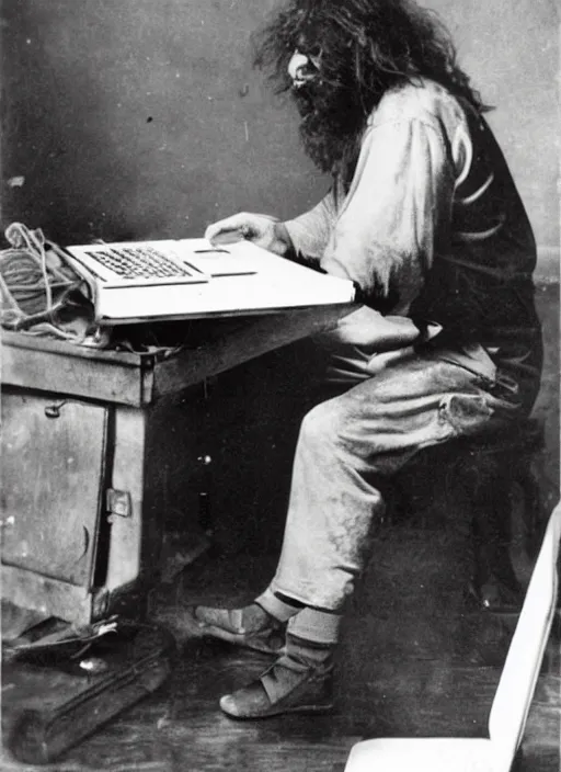 Image similar to old photo of a caveman using a laptop computer