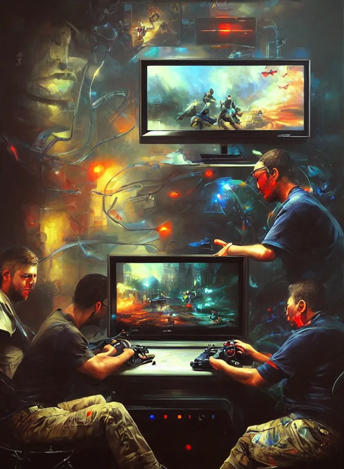 Prompt: Portrait of men playing video games on CRT television using Atari joysticks. Painting by Raymond Swanland. Intricate details. hyper realism. Masterpiece.