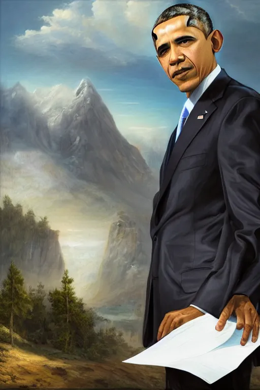 Image similar to obama nervously standing next to a mountain made of papers, oil on canvas, intricate, 8 k highly professionally detailed, hdr, cgsociety