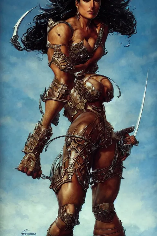 Prompt: muscular beautiful salma hayek wearing armor tombow artwork greg staples , dug stanat, norman rockwell , christophe young eytan zana , rumiko takahashi ,HD 4k