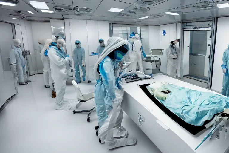 Prompt: alien species autopsy in a cleanroom covered in alien diagrams