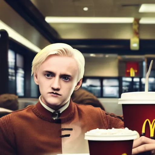 Image similar to Draco Malfoy sitting at a booth in McDonalds, McDonalds interior background, photo
