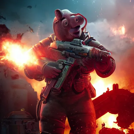 Prompt: Peppa pig as Emperor Napoleon in Gears of War, splash art, movie still, cinematic lighting, dramatic, octane render, long lens, shallow depth of field, bokeh, anamorphic lens flare, 8k, hyper detailed, 35mm film grain