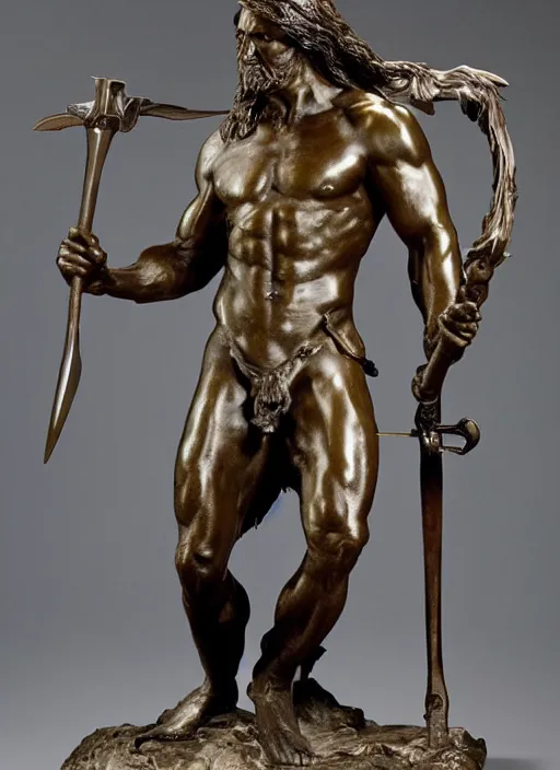 Image similar to a full figure bronze sculpture of conan the barbarian holding a sword by Rodin and Bernini