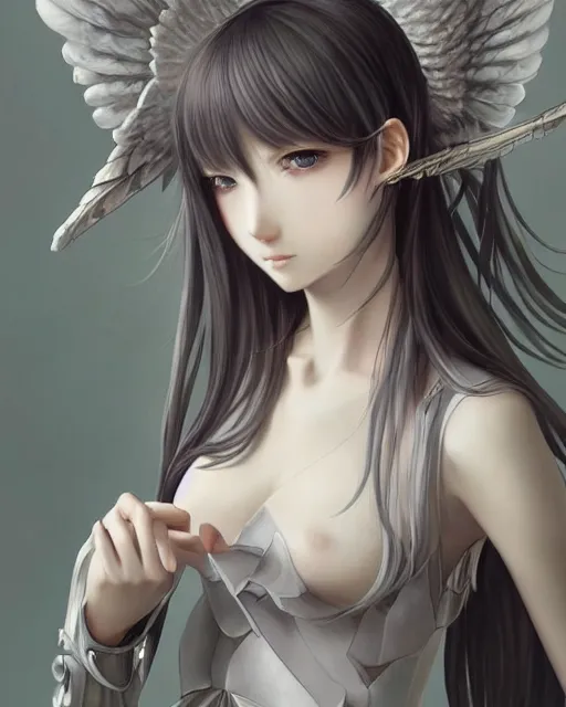 Image similar to range murata, an infinitely detailed portrait of a frail and pale female peace angel elegantly. fully - clothed full - body, beautiful! scenery art!! coherent! by wlop & murata range, victorian armor trim, cold color palette, artstation / pixiv!! elegantly armored angel portrait full - body, dreamy art