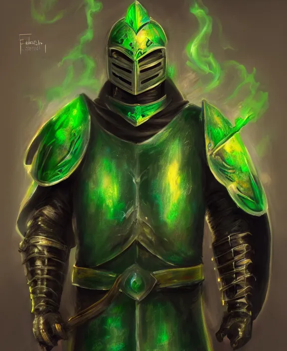 Image similar to masked knight in jade crystal armour alight with green fire, by frank fazetta, trending on artstation, 4 k resolution, detailed, high quality, hq artwork, character concept, character full body portrait
