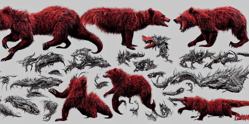 Image similar to Crimson red draconian grizzly bear character design sheet, Monster Hunter Illustrations art book, scaly, demonic, reptilian, white stripes all over its body, Moebius, Greg Rutkowski, Zabrocki, Karlkka, Jayison Devadas, Phuoc Quan, trending on Artstation, 8K, ultra wide angle, zenith view, pincushion lens effect.