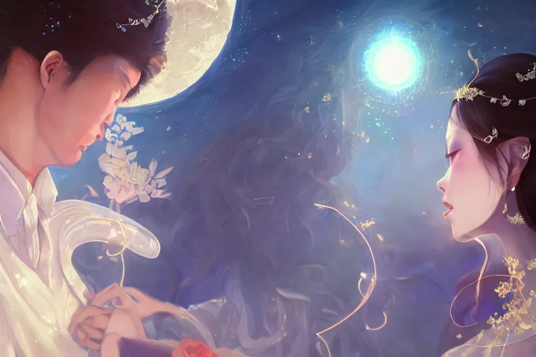 Image similar to a dreamlike portrait of wedding photograph close up moment of a divine a taiwan sun god and moon goddess lovers magician at a wedding banquet. portraiture. digital painting. artstation. concept art. fantasy wedding photo. digital painting, 8 k realistic, hyper detailed, by makoto shinkai and akihiko yoshida and hidari and wlop