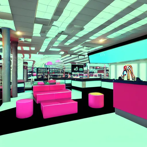 Image similar to 80s vaporwave outrun 3d Render of a mcdonalds, liminal space retro, grainy, noisy