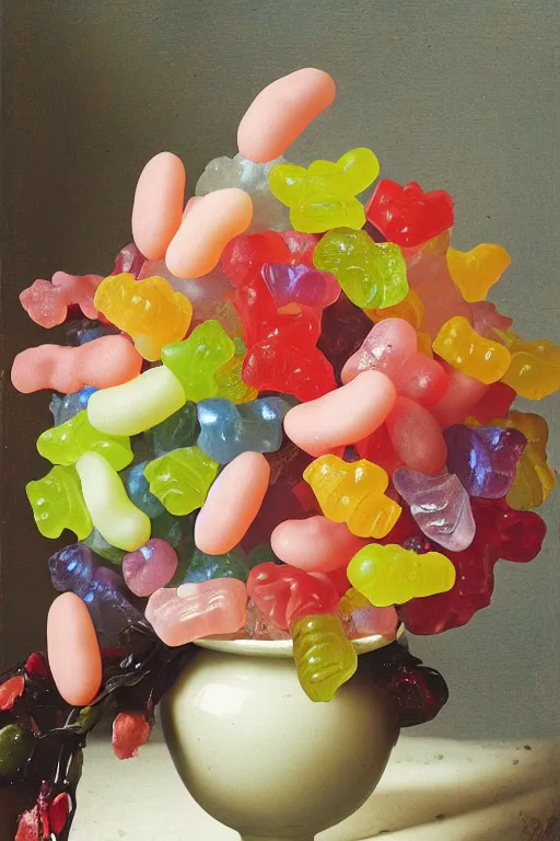 Image similar to still life of a bouquet of soft gummy bears and jelly beans in the shape of different gummy flowers, delicious rubbery transparent translucent squishy gummy sweets, soft gummy light, highly detailed, close up, northern renaissance