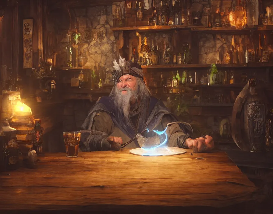 Image similar to old sage wizard drink beer from wooden cup in fantasy tavern, beautiful texture, beautiful graphics, fantasy artwork, very beautiful scenery, hd, hdr, ue 5, ue 6, unreal engine 5, cinematic 4 k wallpaper, 8 k, ultra detailed