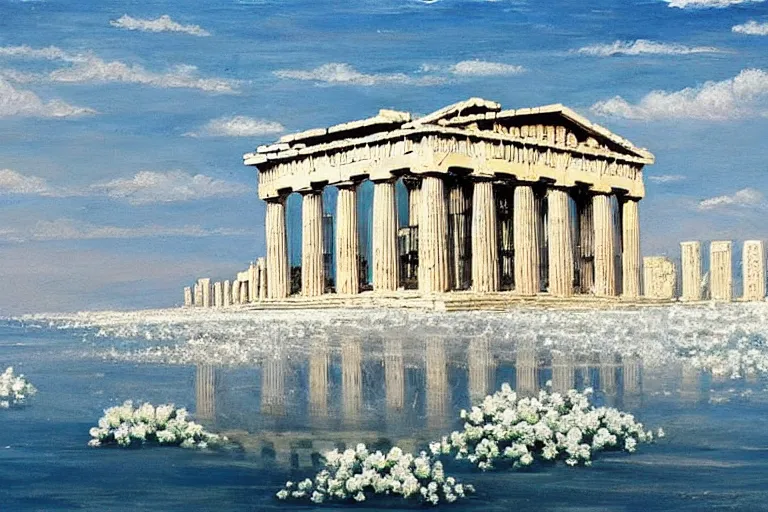 Prompt: a beautiful painting of there is a mysterious parthenon on the blue sea, full of holy white flowers