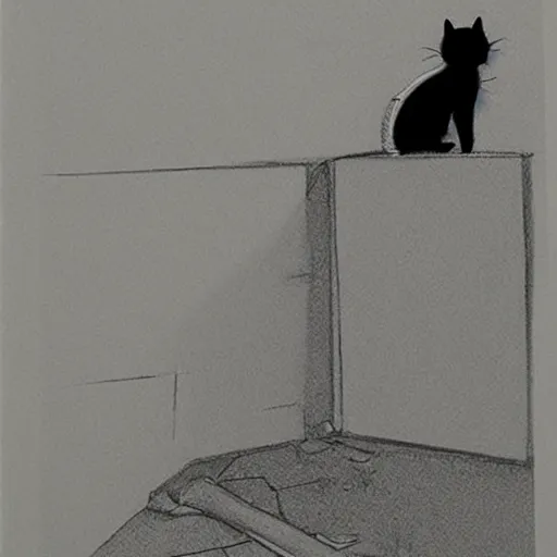 Image similar to a tiny cat casting an horrible shadow on a gigantic wall behind, detailed sketch, moebius