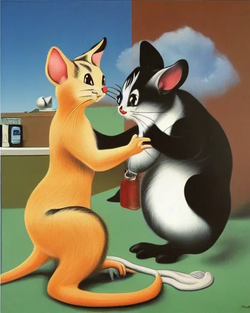 Image similar to Real-life Tom and Jerry, painted by by René Magritte