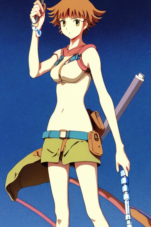 Image similar to anime art full body portrait character nausicaa by hayao miyazaki concept art, anime key visual of elegant young female, short brown hair and large eyes, finely detailed perfect face delicate features directed gaze, valley and mountains background, trending on pixiv fanbox, studio ghibli, extremely high quality artwork by kushart krenz cute sparkling eyes