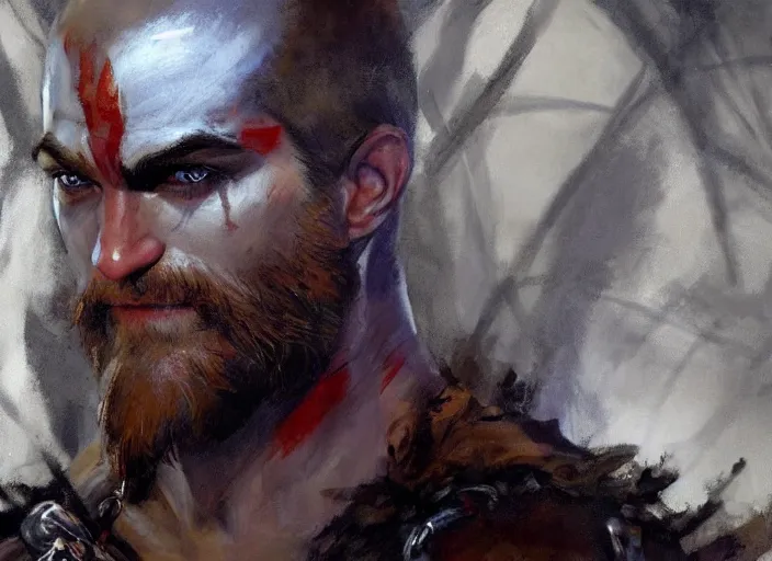 Image similar to a highly detailed beautiful portrait of robert pattison as kratos, by gregory manchess, james gurney, james jean